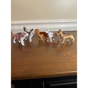 Vintage Flocked Dog Figurines Set of 5 German Shepherd Husky Dalmatian Retriever
